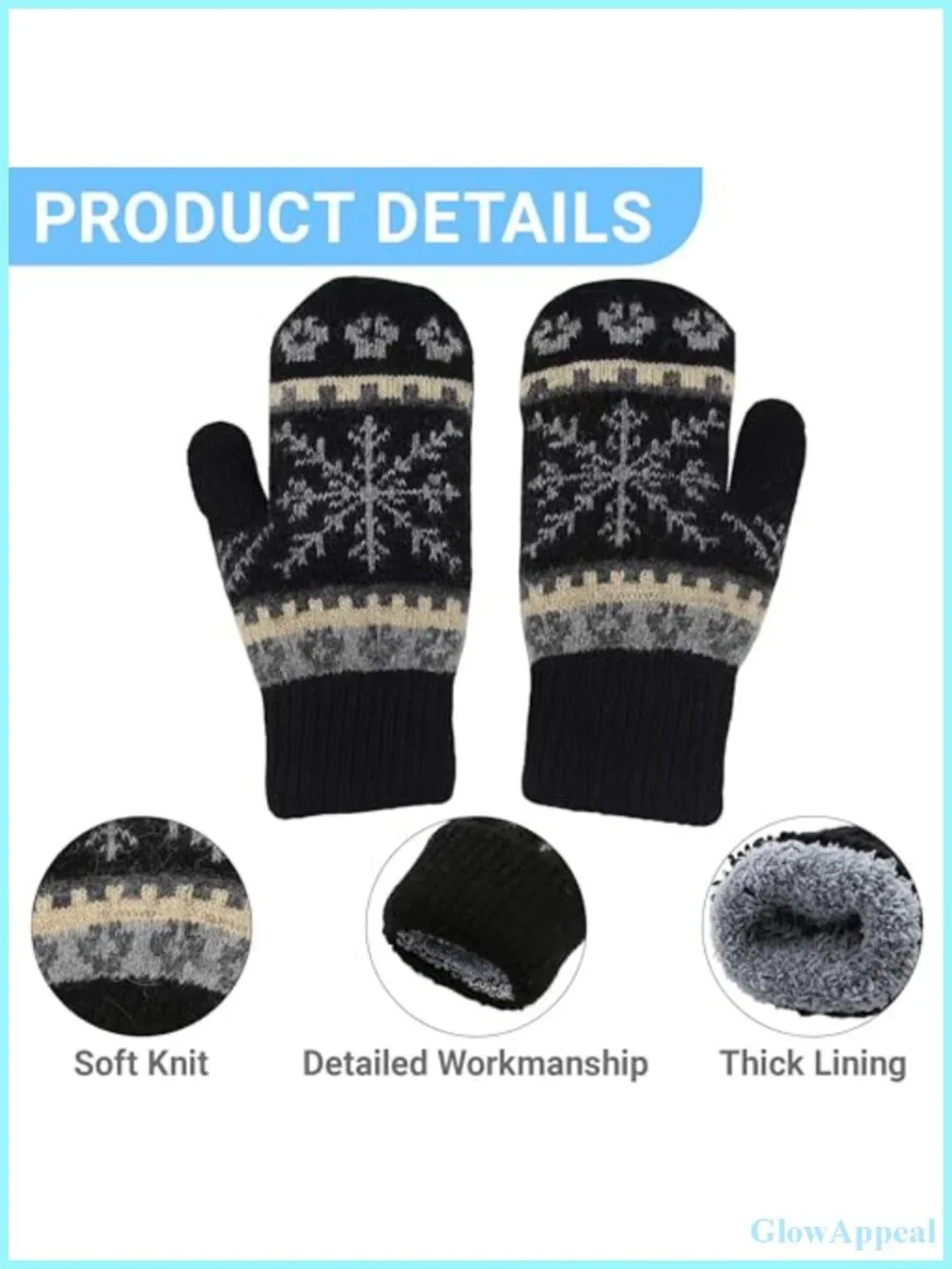 Winter Warm Knitted Mittens, Double Layer Fleece Lined Gloves for Snow